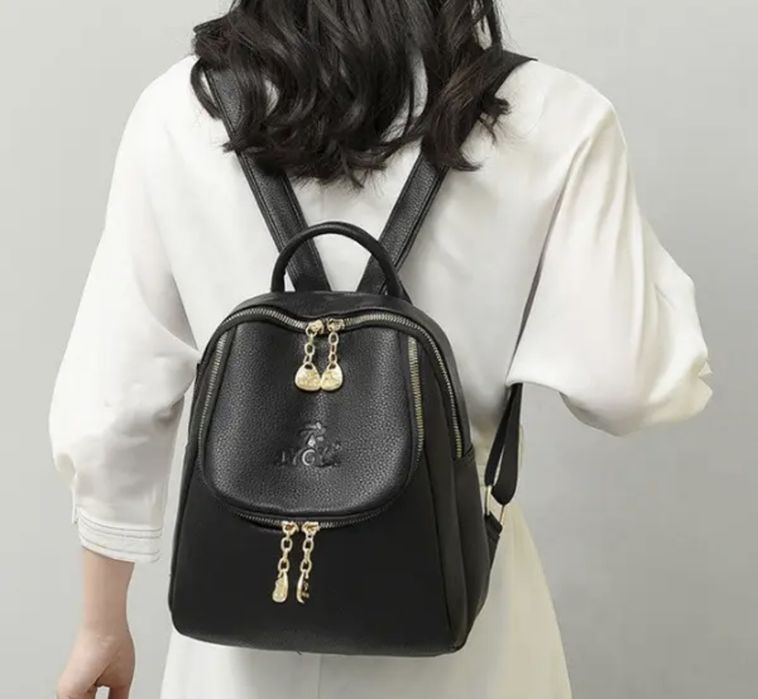 Женский черный коричневый кожаный рюкзак жіночий ранец сумка кенгуру