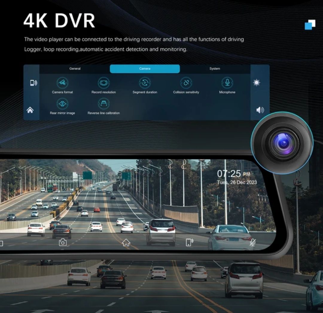 Espelho retrovisor 12 polegadas com Dashcam DVR 4K rádio FM Wi-Fi NOVO