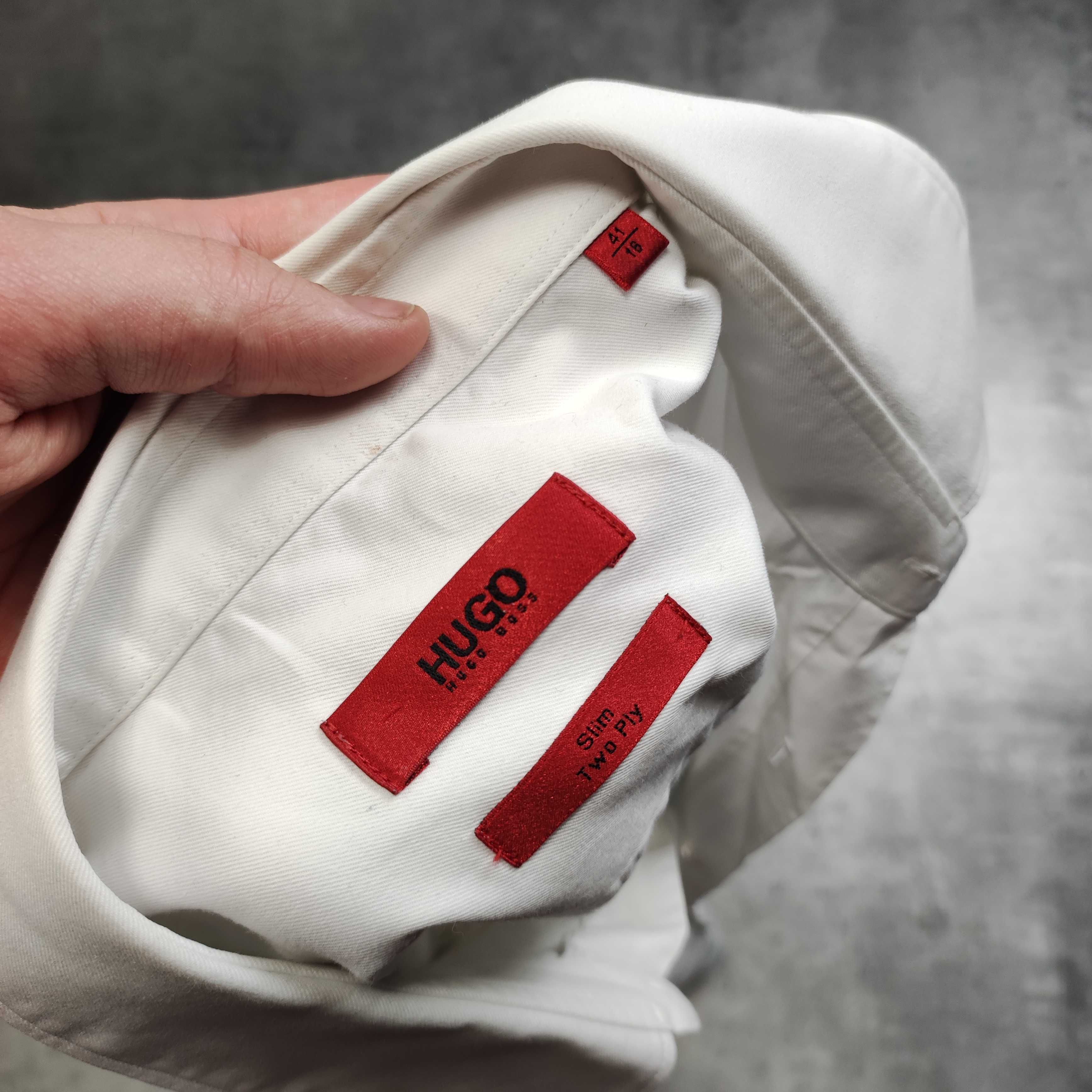 MĘSKA Koszula PREMIUM Elegancka biała Hugo Boss Guziki Garnitur Red