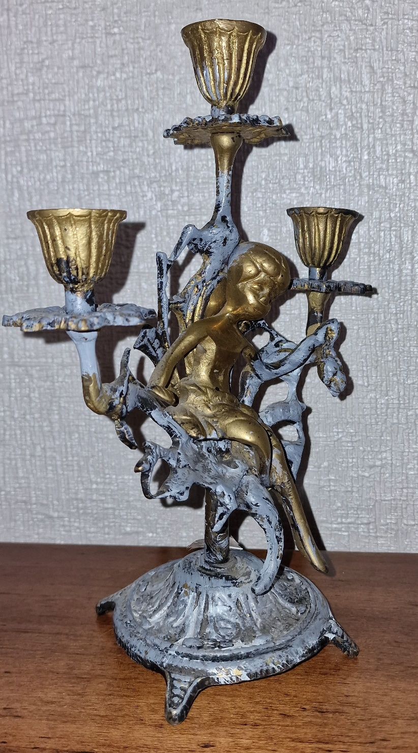 Candelabro com 3 braços e Anjo em Latão Sólido Dourado e Azul Vintage
