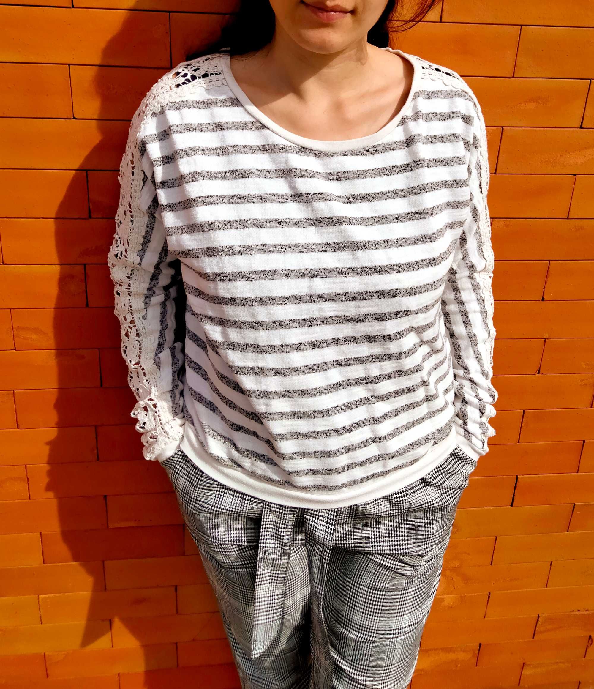 camisola sweater listada mangas compridas rendas crochet pullover top