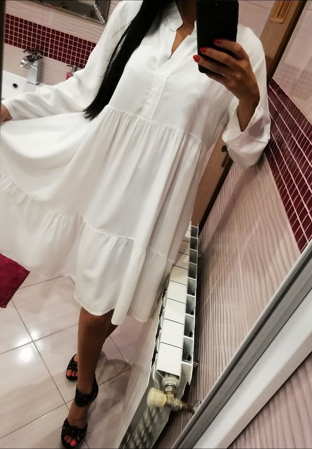 Koszulowa biała sukienka zwiewna midi Nowa 40 L 42 XL chrzest roczek k
