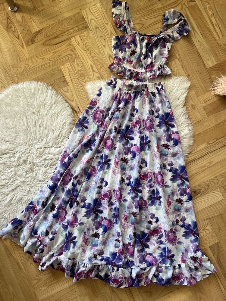 Sukienka komplet set la perla zestaw spodnica maxi top hiszpanka
