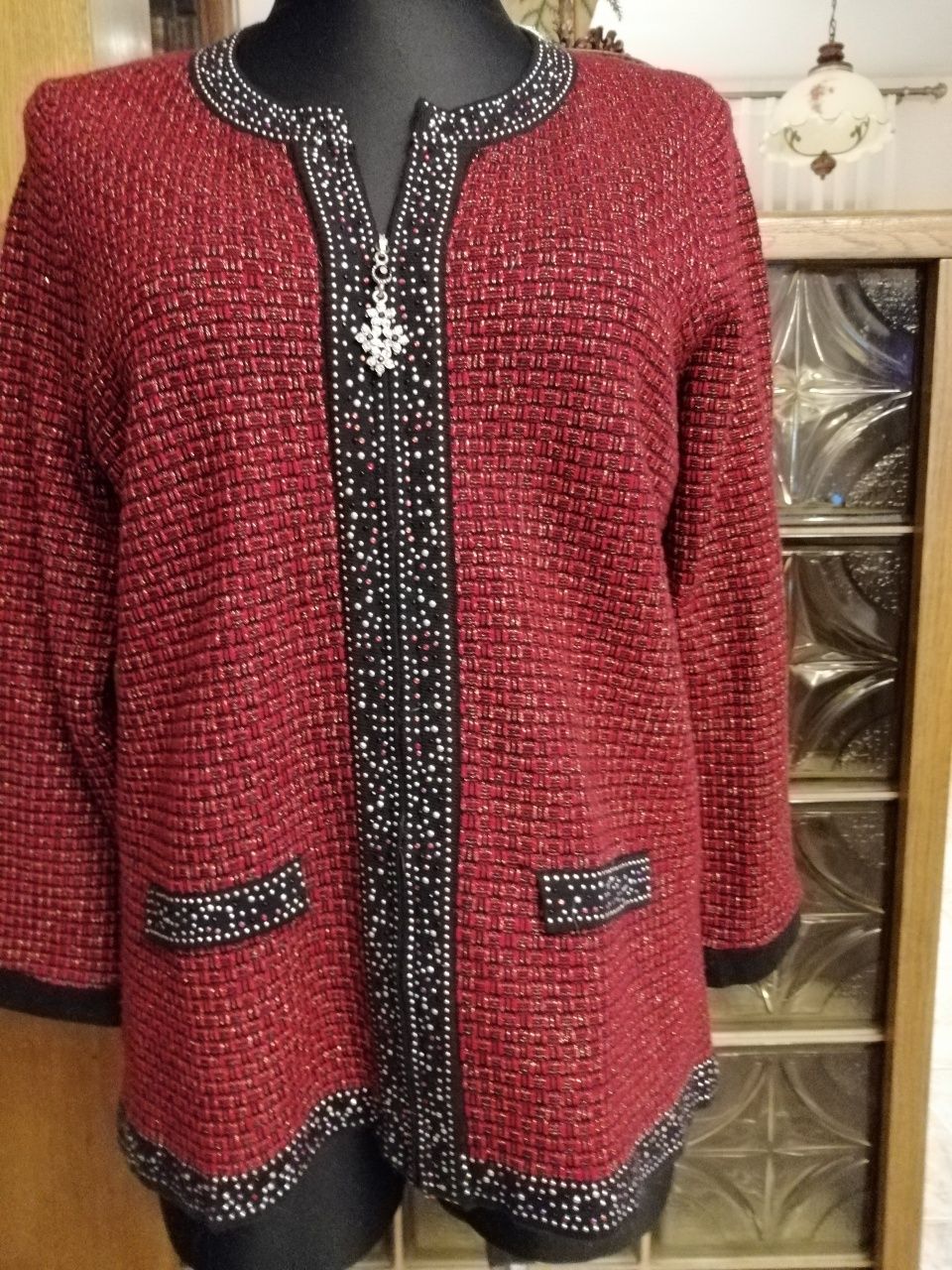 Sweter - żakiet, czerwony 44
