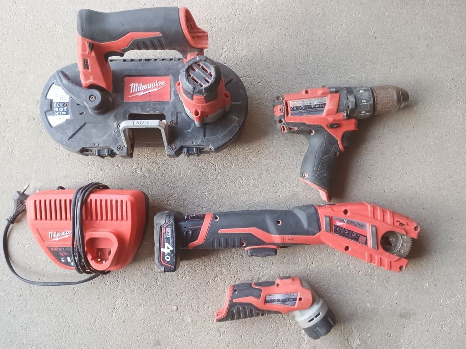 Milwaukee M 12 obcinał do rur, piła taśmowa, wkrętarka, latarka