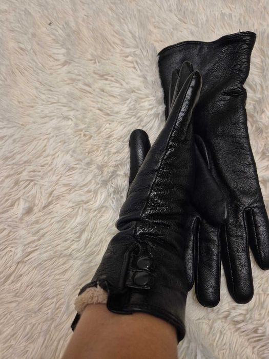 Рукавички шкіряні подовжені/зима/ р.8(м) чорні-сатин