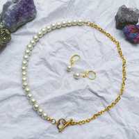 Elegancki zestaw biżuterii naszyjnik i kolczyki handmade złoto perły
