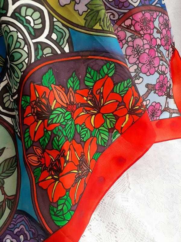 Весенний сад 100% шелк платок ручная роспись батик винтаж роуль