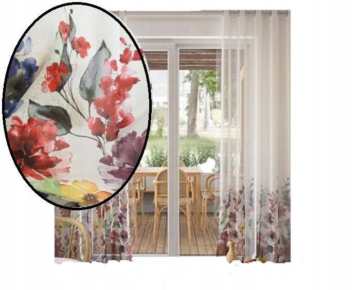 Firana z etaminy w drukowane kolorowe kwiaty Jolanda 210x400 taśma