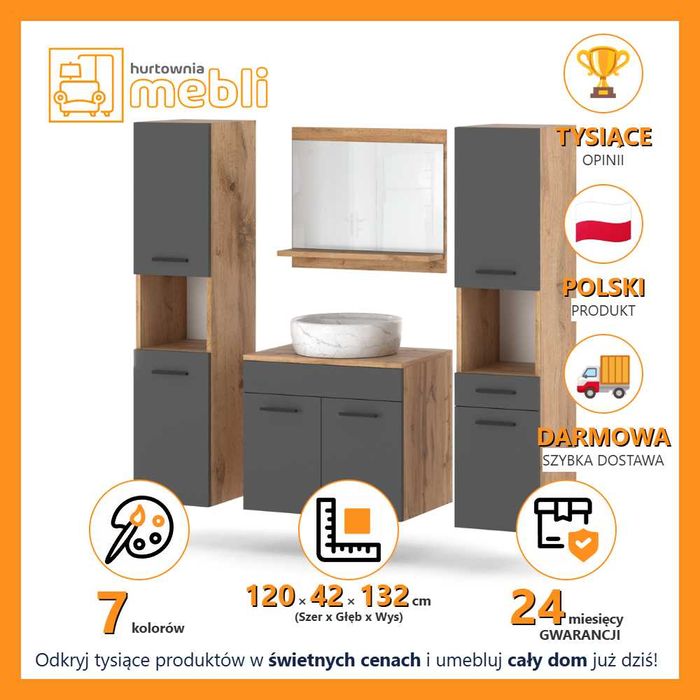 Zestaw Mebli Łazienkowych 120cm Szafka Pod Umywalkę Słupki Lustro Duże