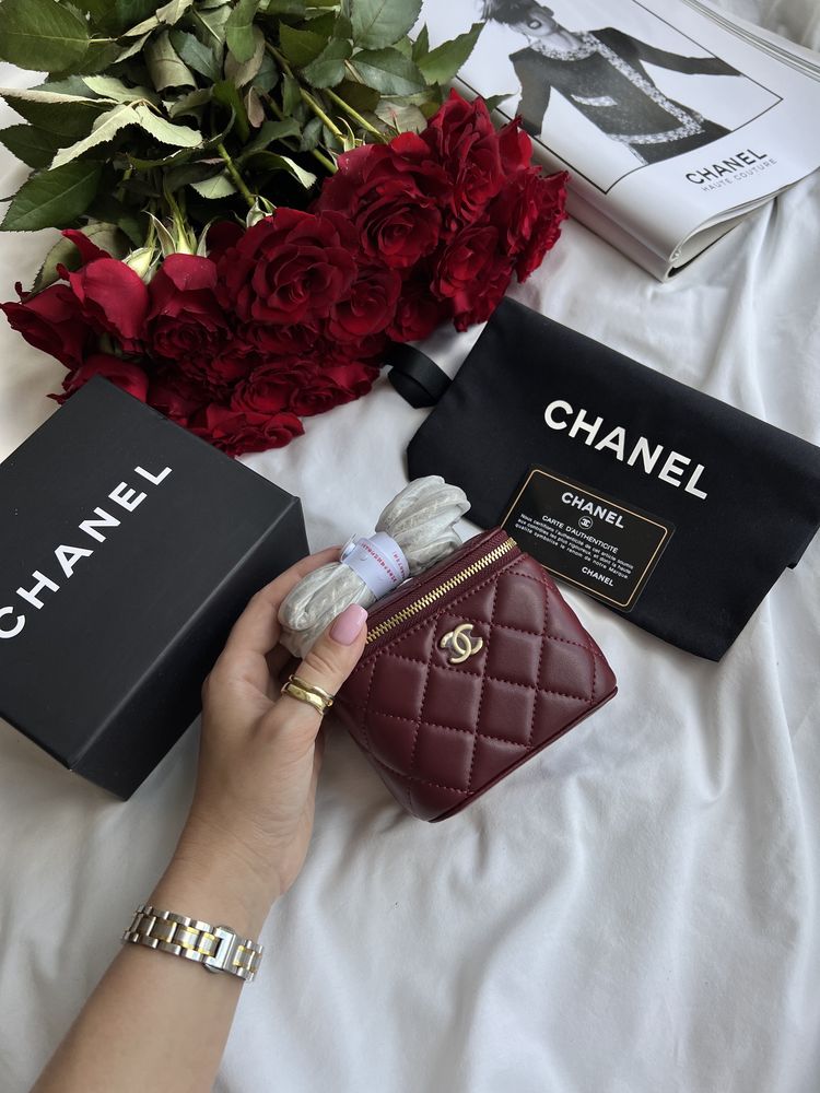 Сумка Chanel Vanity Mini шкіра | бордова | золота фурнітура