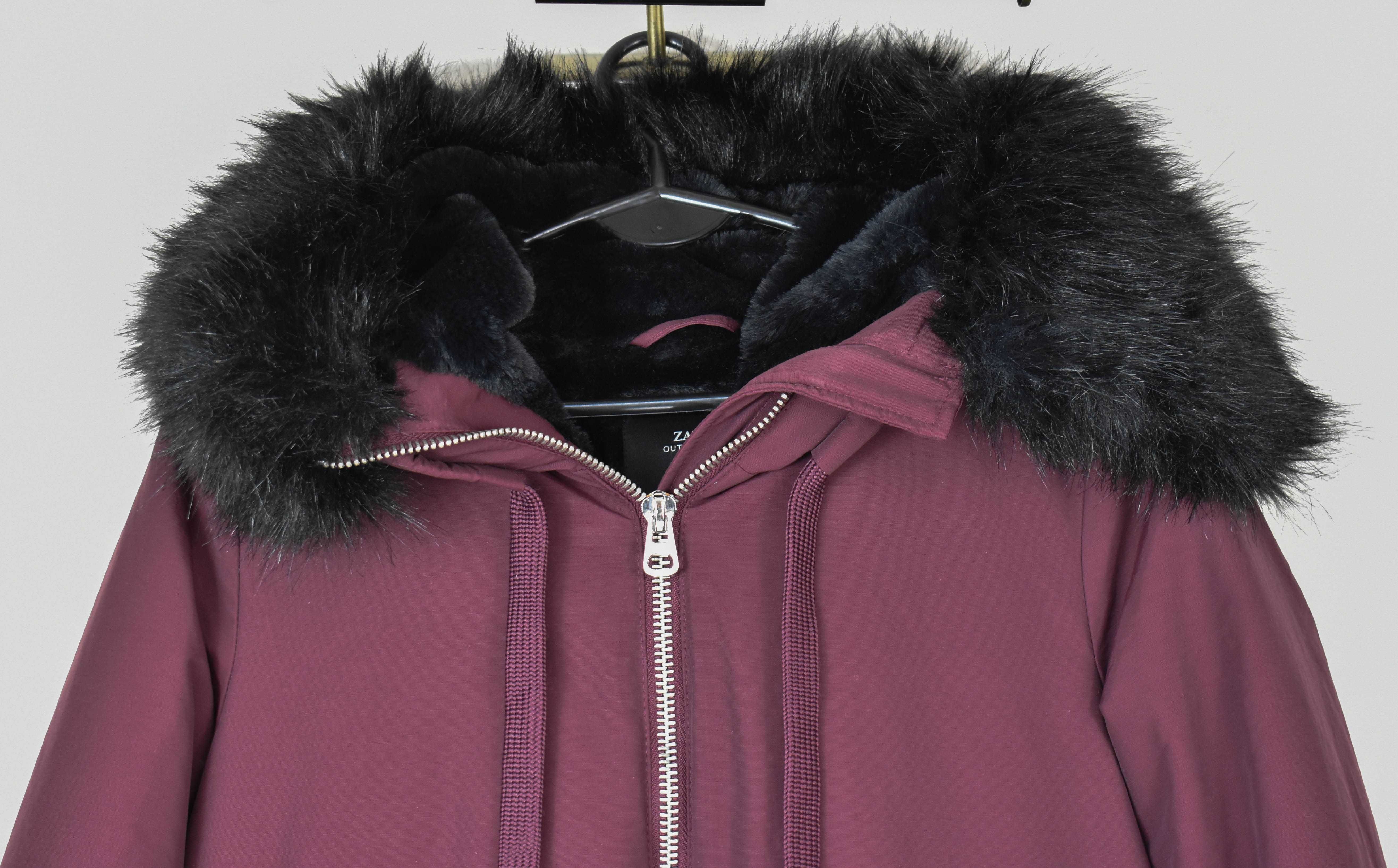Zara bordowa kurtka parka kaptur futro XS