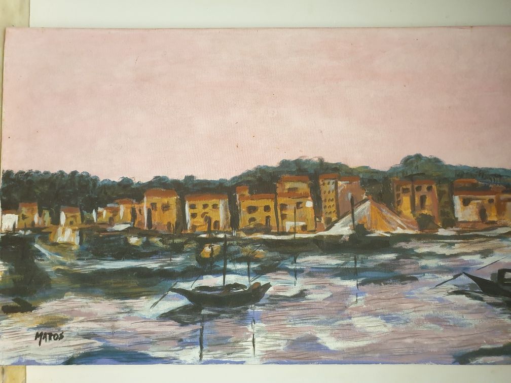 antiga pintura de paisagem fluvial em óleo sobre tela-assinada MATOS