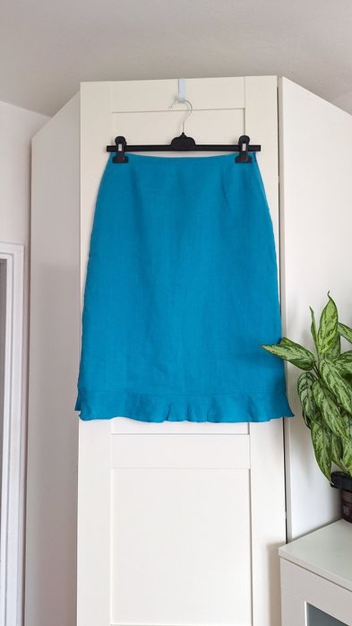 Elegancka spódnica lniana S/M Zara lazurowa falbanka