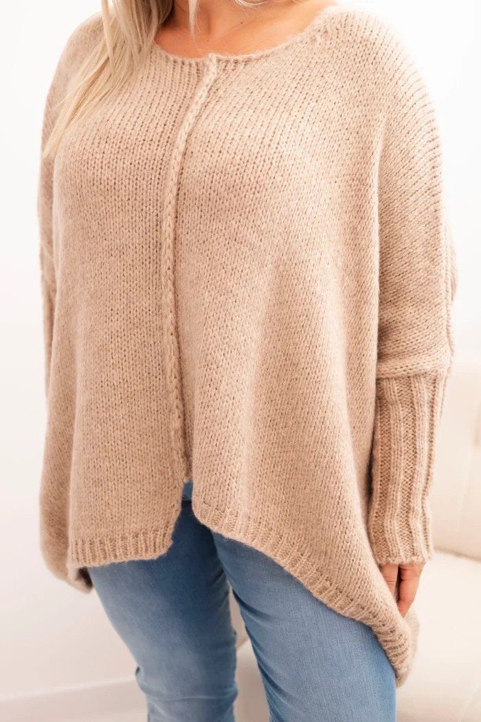 Sweter Plus Size Camelowy Rękaw 3/4 Dzianina Oversize 2XL–4XL