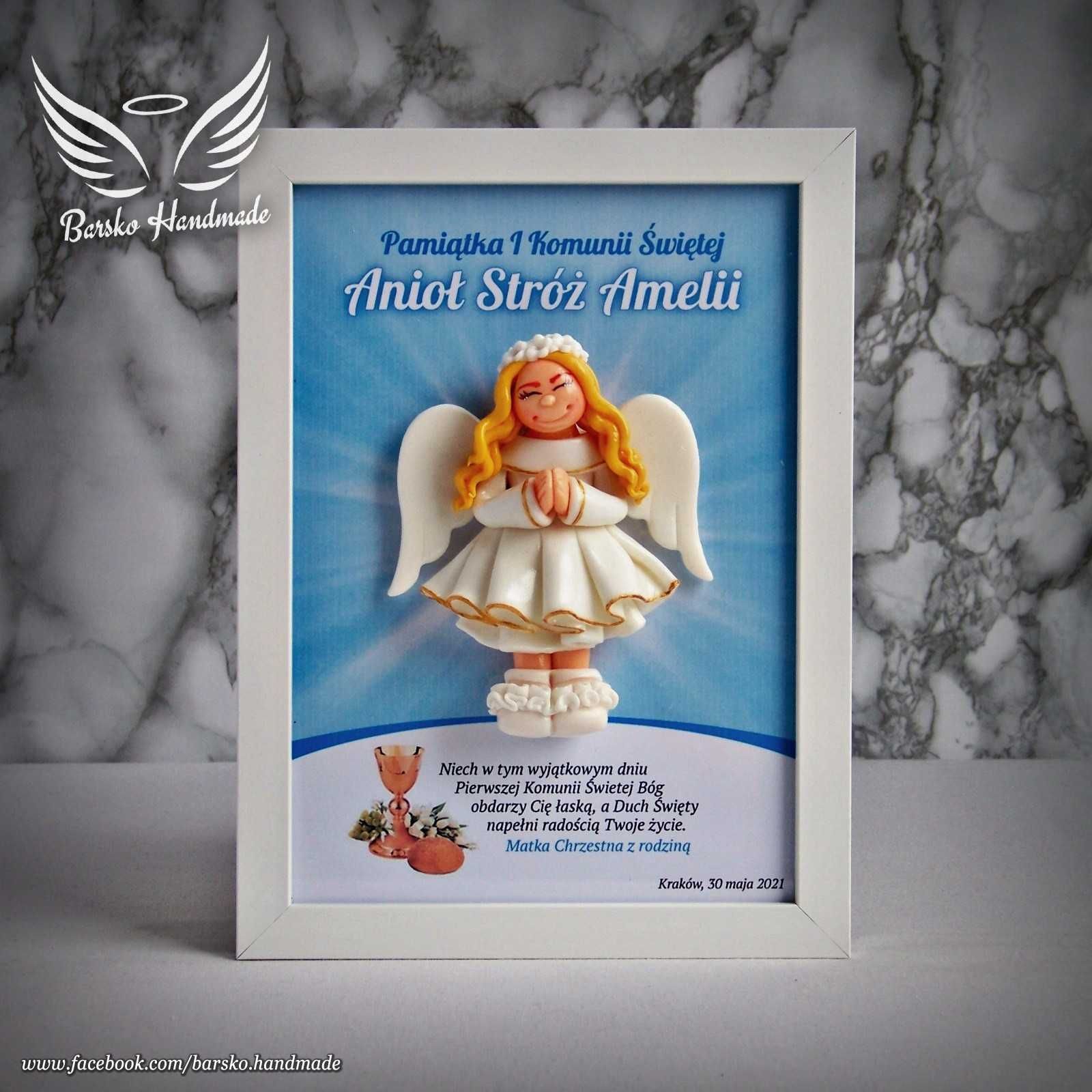 Anioł Stróż z porcelany w ramce 15x21 jako Pamiątka I Komunii Świętej