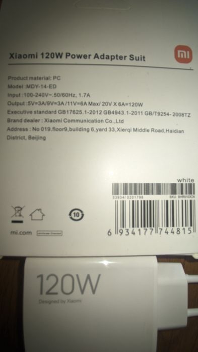 Oryginalna ładowarka sieciowa Xiaomi usb-c 120W model MDY-14 EE nowa