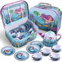 Детская металлическая посудка чайный сервиз в чемодане, 15 предметов