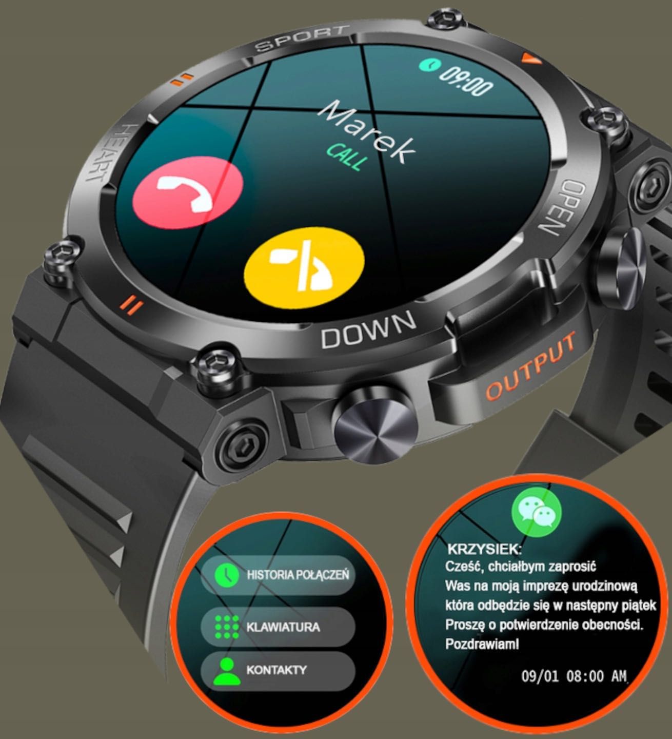 SMARTWATCH MĘSKI ZEGAREK Militarny Rozmowy Polskie Menu