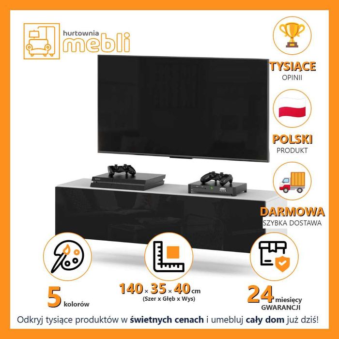 Szafka RTV Pod Telewizor Wisząca Szeroka 140cm Nowoczesna Pojemna Duża