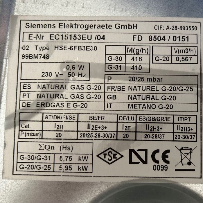 Siemens Fogão a gás (3 queimadores) e 1 elétrico (600W)