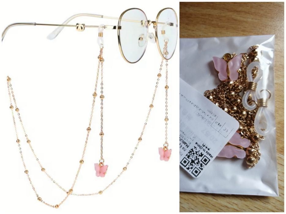 Łańcuszek do okularów z różowymi motylkami