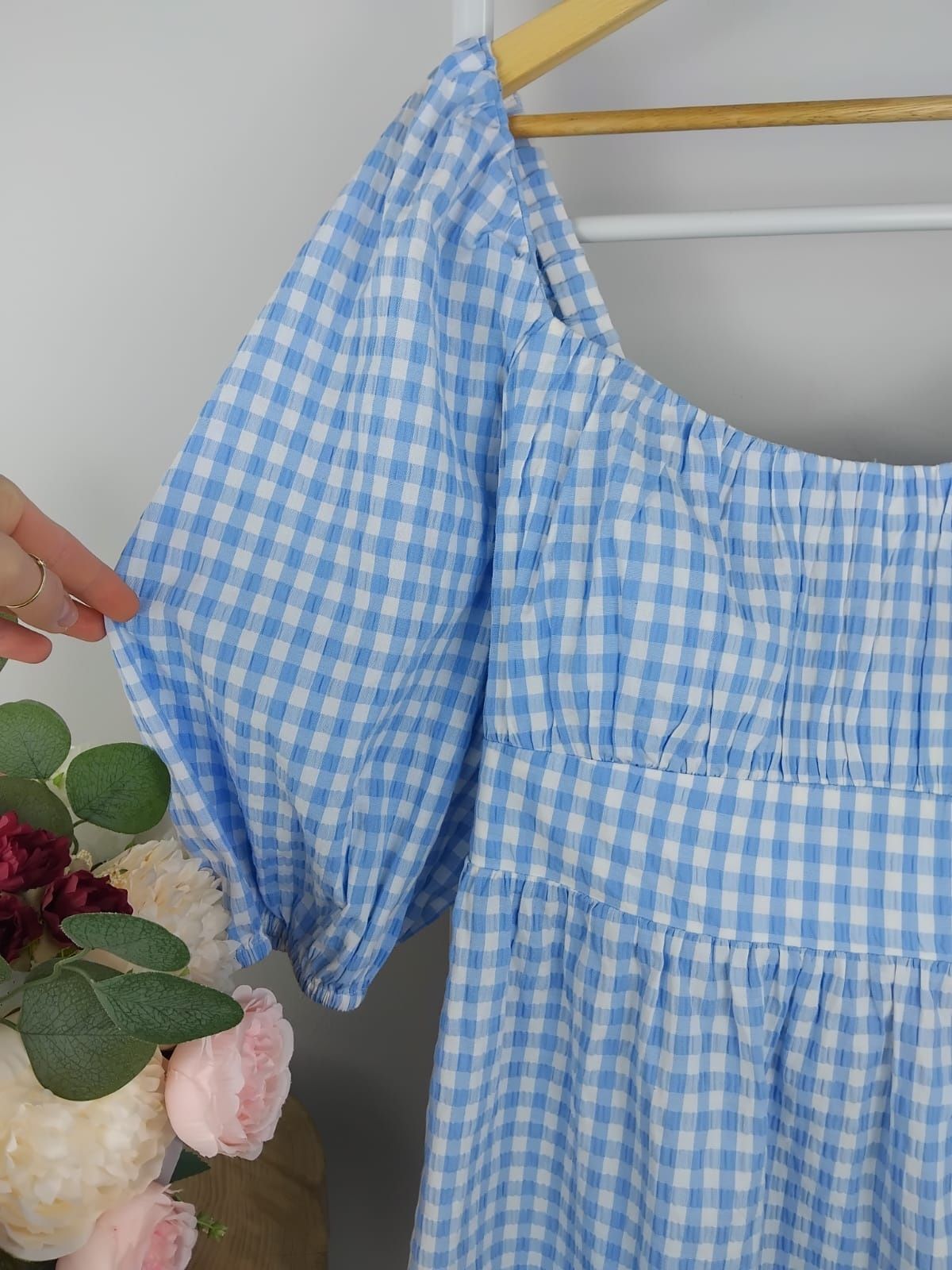 Nowa koszula w kratkę vichy bufki baskinka falbana bluzka crop top