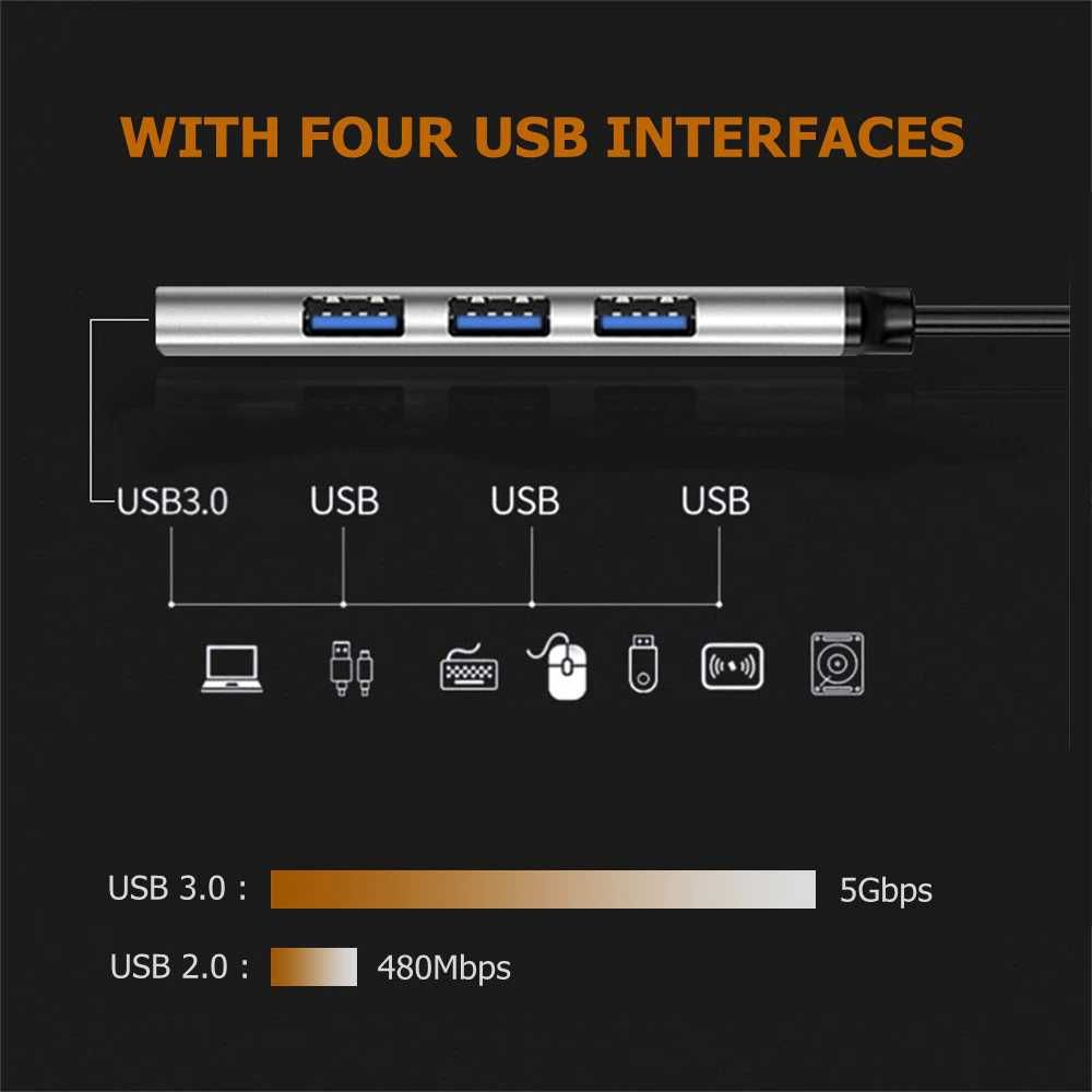 Хаб USB to 4 USB (4xUBS 3 & 2) тройник ноутбук, повербанк, ПК Surface