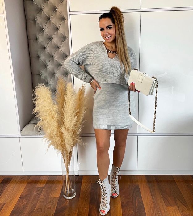 Elegancki Komplet Sweterkowy dzianinowy Szary -Ecru  Uni