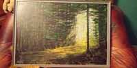 Las stary piękny duży obraz na płycie sygnowany 1977