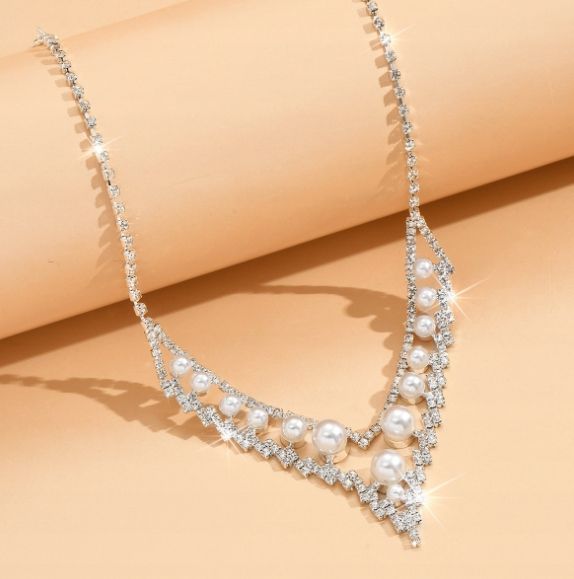 Komplet Biżuterii Perły Kolczyki Naszyjnik Ślub Srebrny Cyrkonie  B8