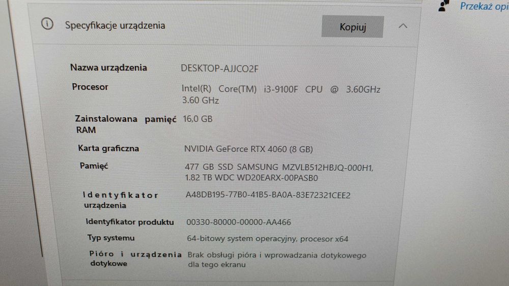 Komputer stacjonarny i3-9100F Ram 16GB RTX 4060 SSD 512GB