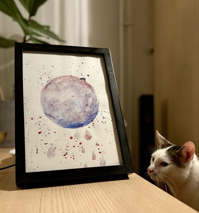 Obraz malowany akwarelą sztuka nowoczesna A4 z ramą moon ksiezyc