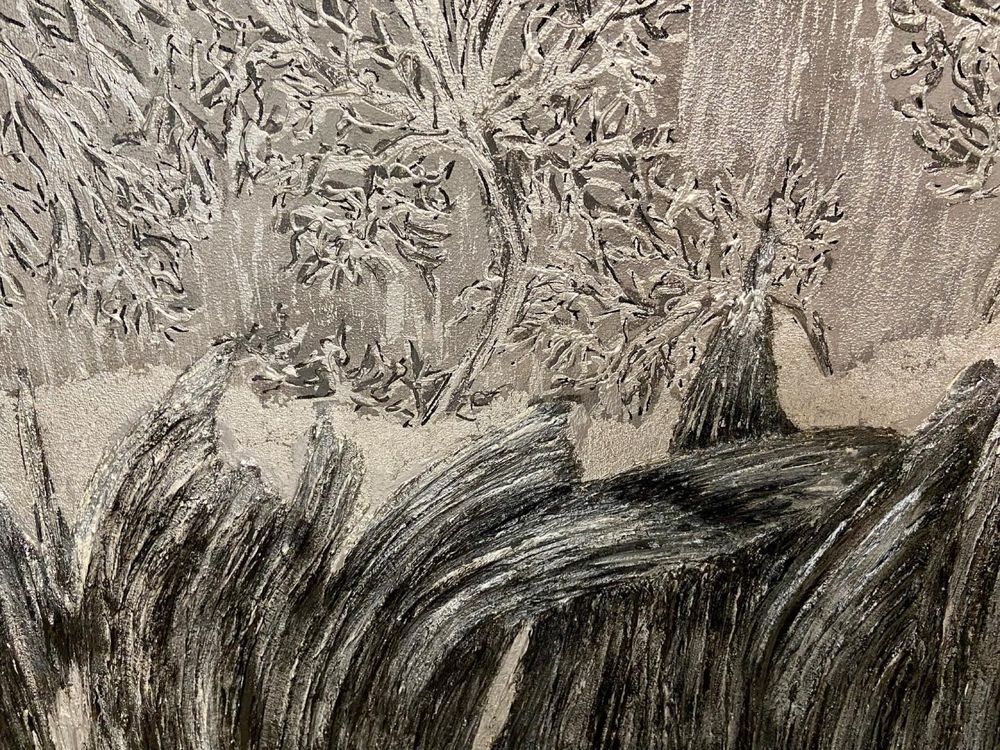 Інтерʼєрні картини з поталлю сіра срібна чорна фламінго скелі обʼємна