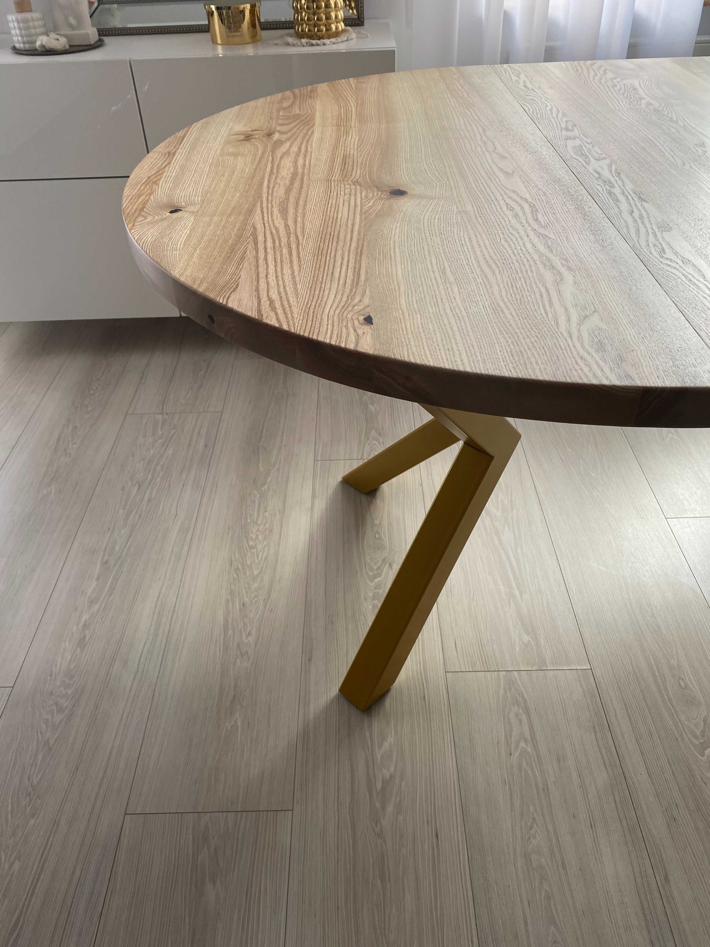 Stół okrągły rozkładany- stół drewniany -złote nogi- glamour - loft