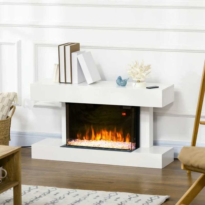 Lareira elétrica com chama ajustável e temporizador, branco