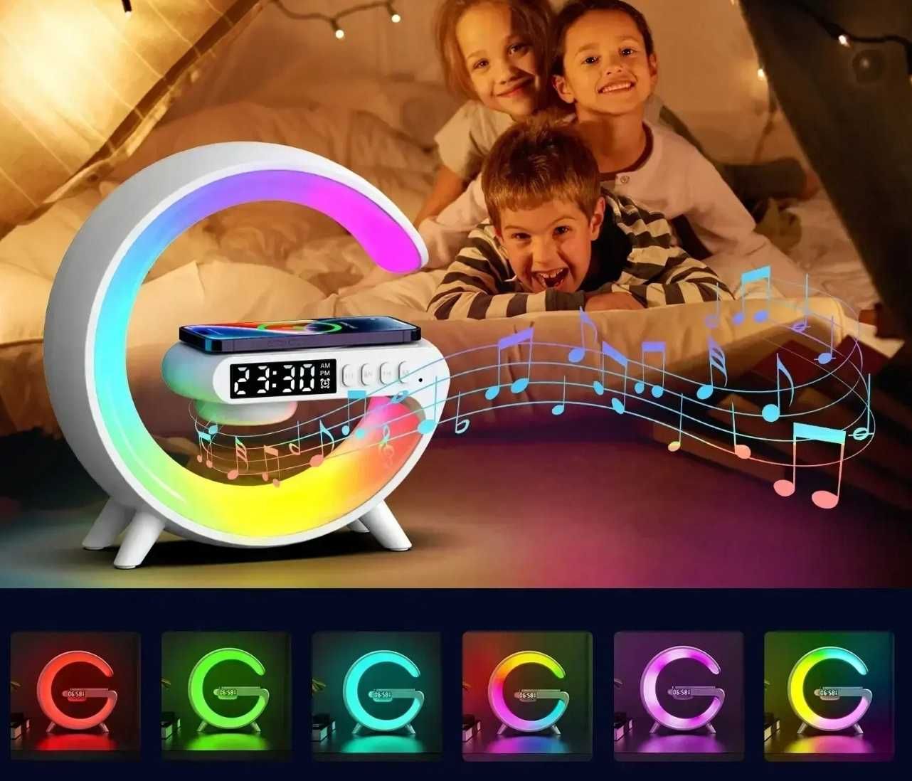 LAMPKA NOCNA RGB ładowarka indukcyjna bluetooth zegar radio głośnik