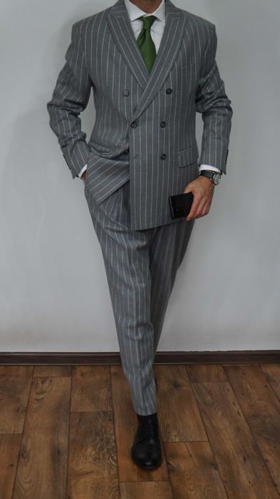 Garnitur Dwurzędowy Zara Wełna Rozmiar 54 190/108 Kolor Szary Prążki