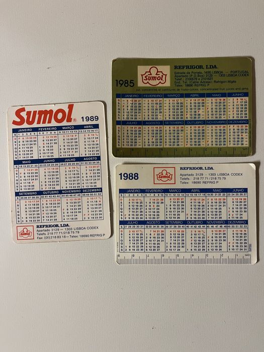 3 Calendários Sumol ano 1985 /88 / 89