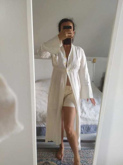 Didi  minimalistyczny lniany płaszcz narzutka  kremowy 36