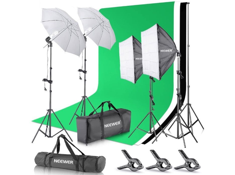 KIT estúdio foto vídeo com iluminação softboxes contínua + 3 fundos