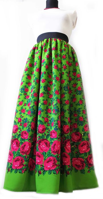 Jasnozielona długa spódnica ludowa góralska w kwiaty maxi folkowa KGW