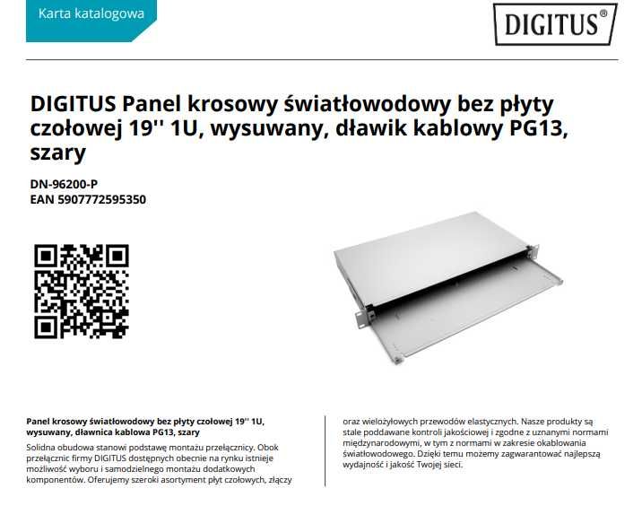 DIGITUS Patch-panel Panel krosowy światłowodowy 19'' 1U, Wysuwany