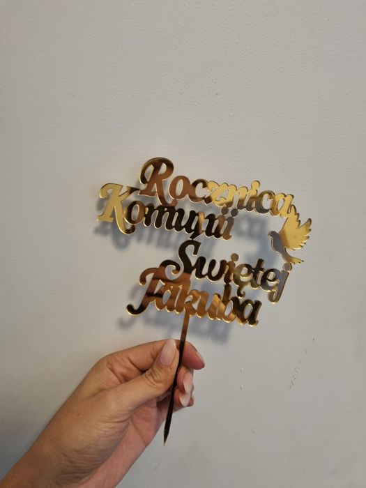 Topper na tort „Rocznica Komunii Świętej Jakuba” – złote lustro, plexi