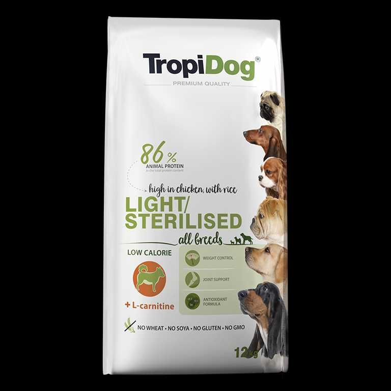 TROPIDOG 12 kg LIGHT/STERYLISED karma dla psa + przekąski GRATIS