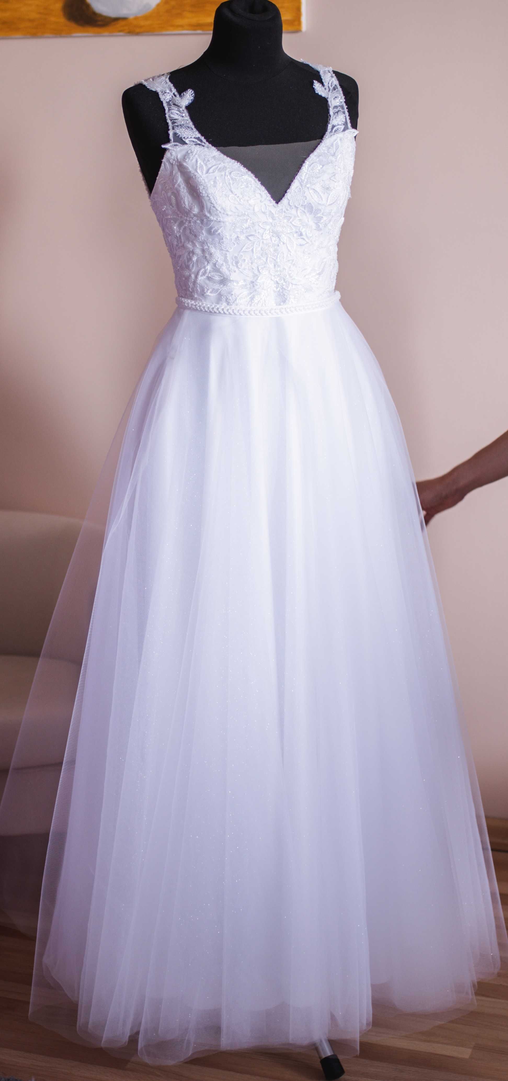 Suknia ślubna XS/S biel, koronka i tiul