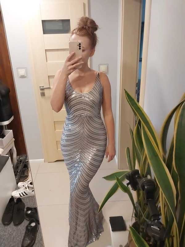 Maxi sukienka srebrna cekinowa balowa