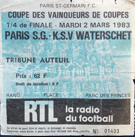 PSG Bilhete 1/4 final taças das taças 1983