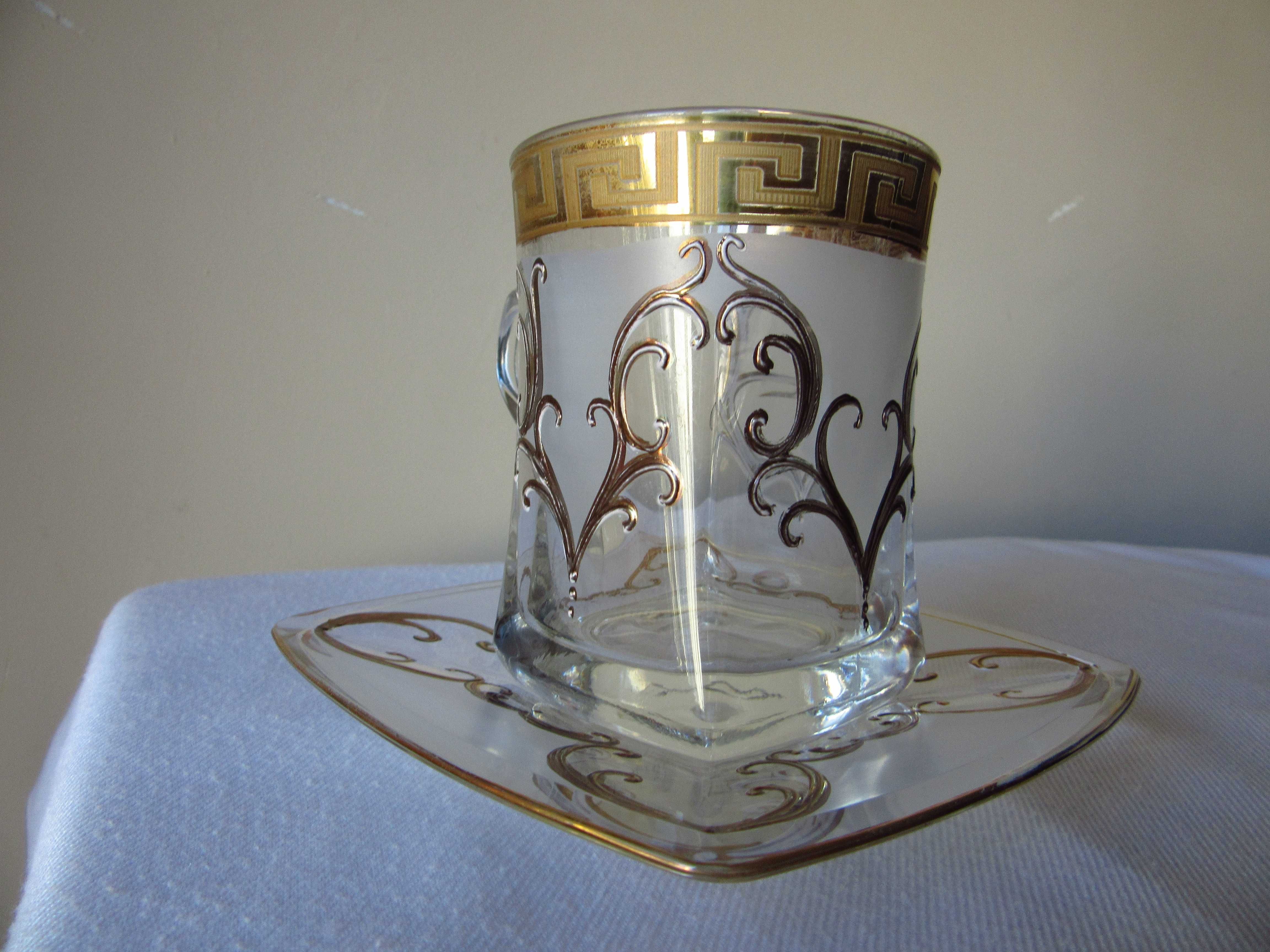 BOHEMIA szklanka z podstawkiem szkło złocone szronione l.60te