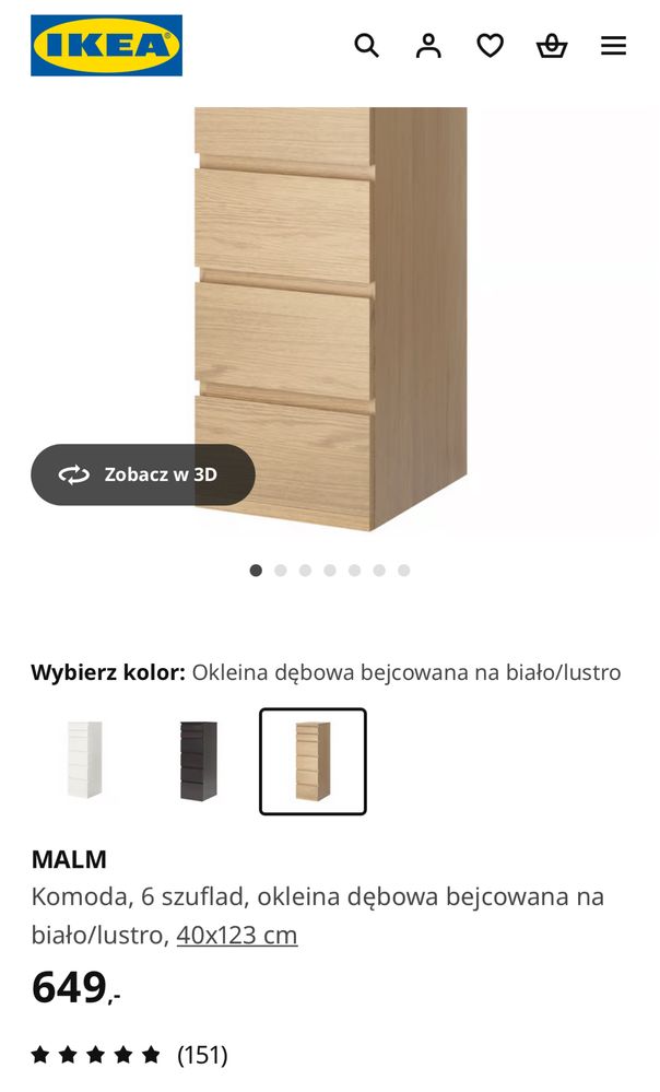 Komoda MALM, 6 szuflad, okleina dębowa, 40/123 cm.